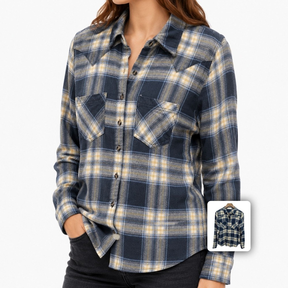 Maurices Blue Plaid Button Up Flannel Shirt Relaxed Fit Pocket Top M